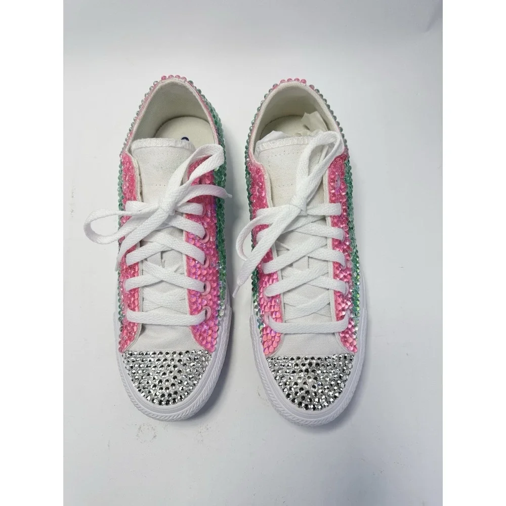 Custom Converse All Star Bling Embellished Sneakers Womens 7.5 Pink Green Wicked